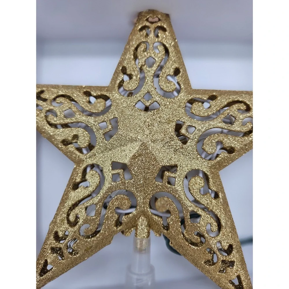 Sylvania Gold Glitter Star Tree Topper 10 Mini Lights Scrollwork Filigree 2.5ft